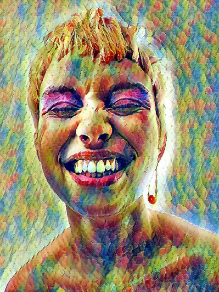 Illustrated portrait of a smiling Black woman with cropped hair and a drop earring