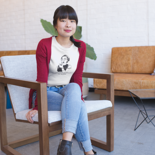 Yuri Kochiyama Consciousness is Power Relaxed t-shirt worn in a lifestyle photo