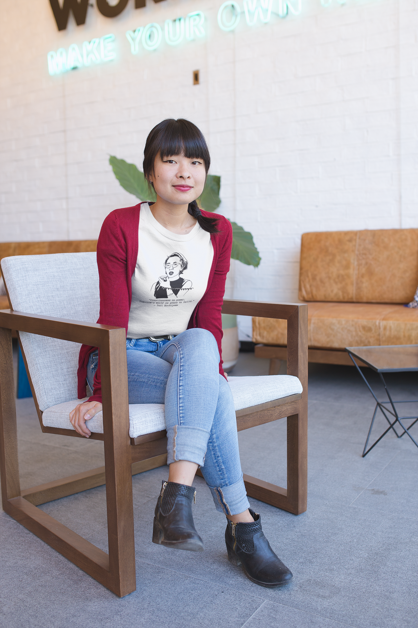 Yuri Kochiyama Consciousness is Power Relaxed t-shirt worn in a lifestyle photo