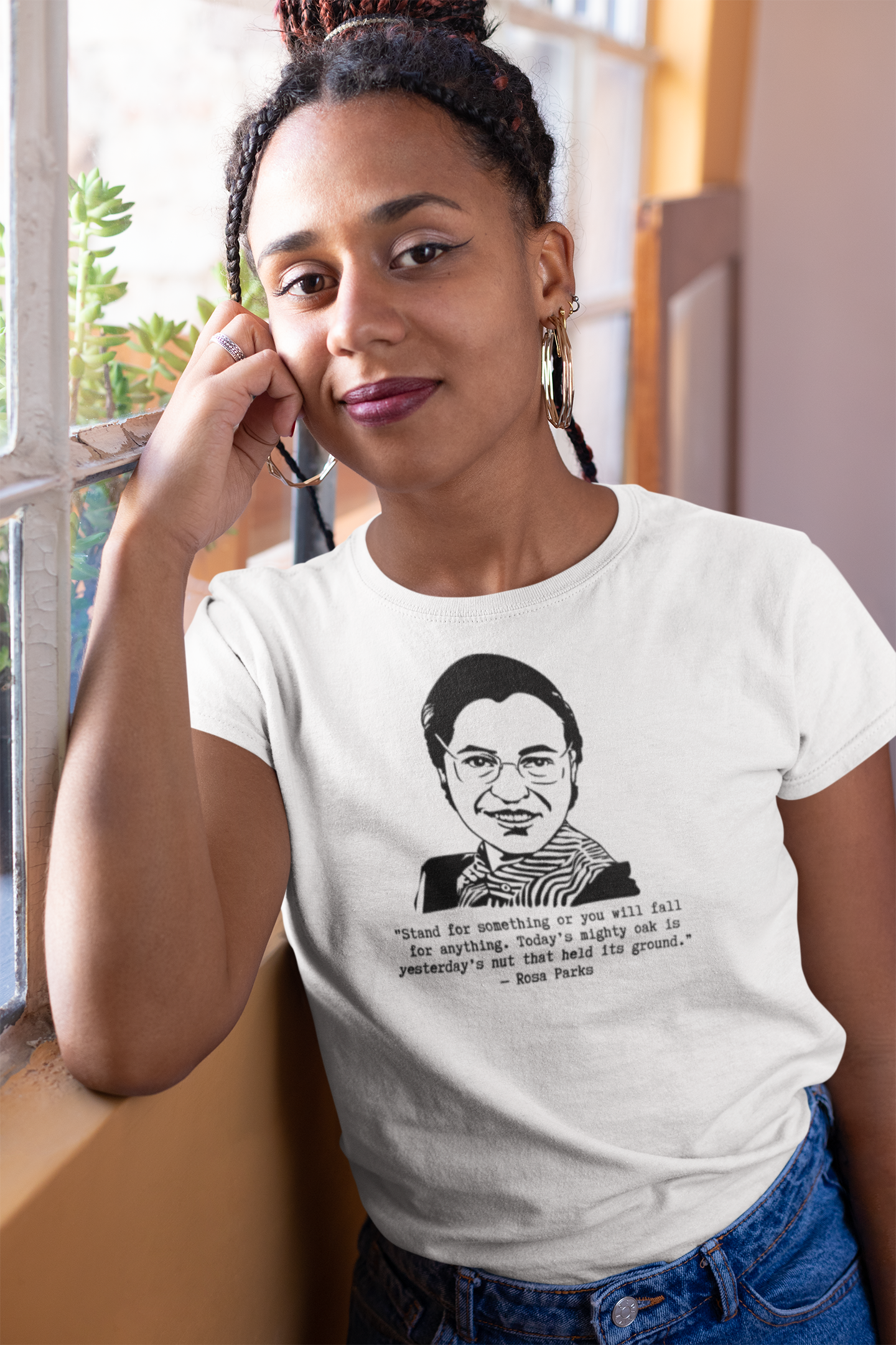 Rosa Parks Stand for something or you will fall for anything relaxed t-shirt worn in a lifestyle photo