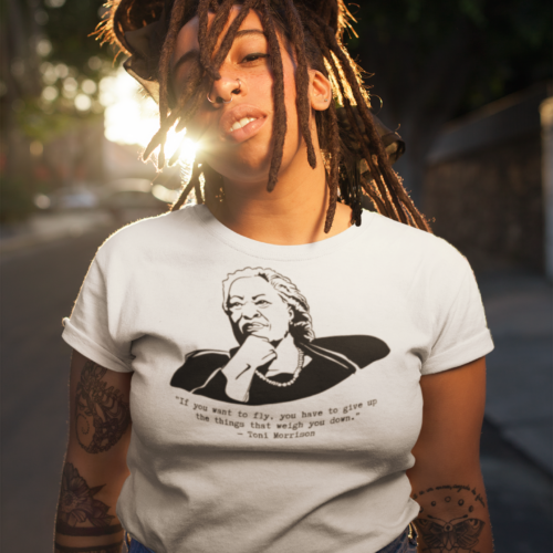 Toni Morrison If You Want to Fly Relaxed T-shirt worn in a lifestyle photo