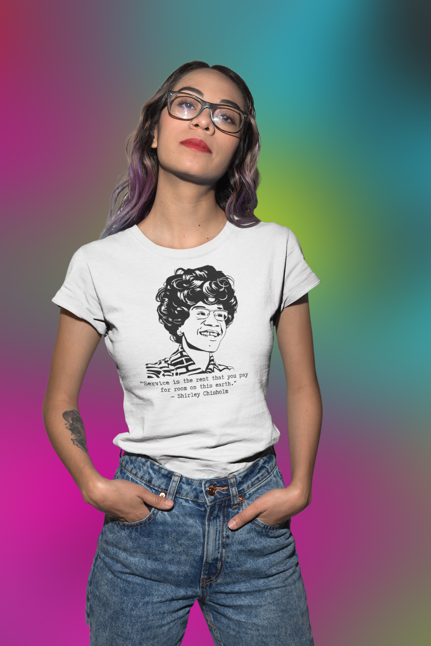 Shirley Chisholm Service is the Rent Relaxed t-shirt worn in a lifestyle photo